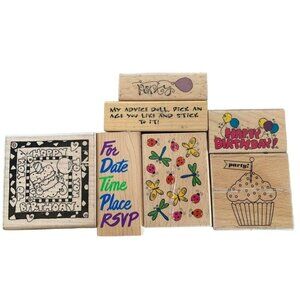Wood Mounted Rubber Stamps Birthday Party Invites Balloons & Bugs Fun Set